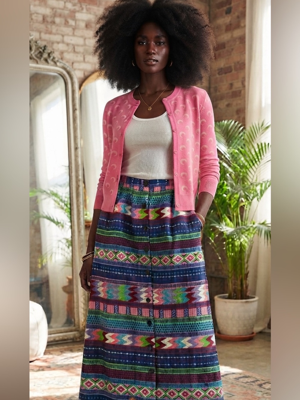Vintage Multicolor Button-Front Maxi Skirt in Blue, Pink, Green, Red